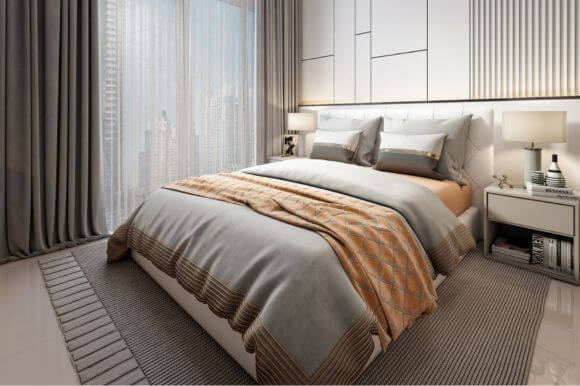 A modern apartment interior with a stylish bedroom