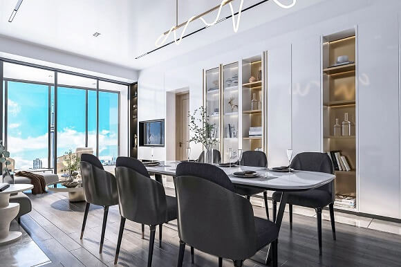 A modern apartment interior with a stylish dining room