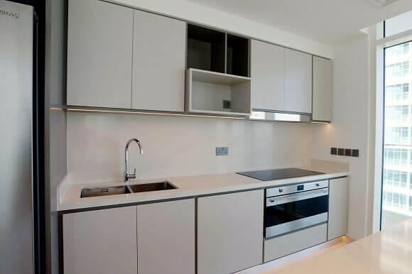 A modern apartment interior with a stylish kitchen