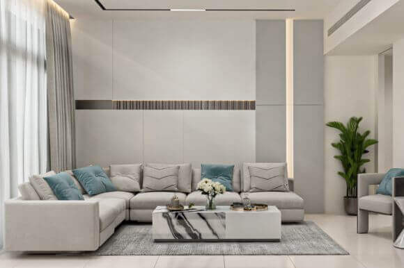 A modern apartment interior with a stylish living room