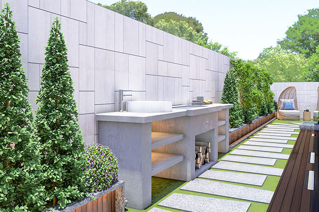 a rendering of a modern outdoor kitchen and landscape