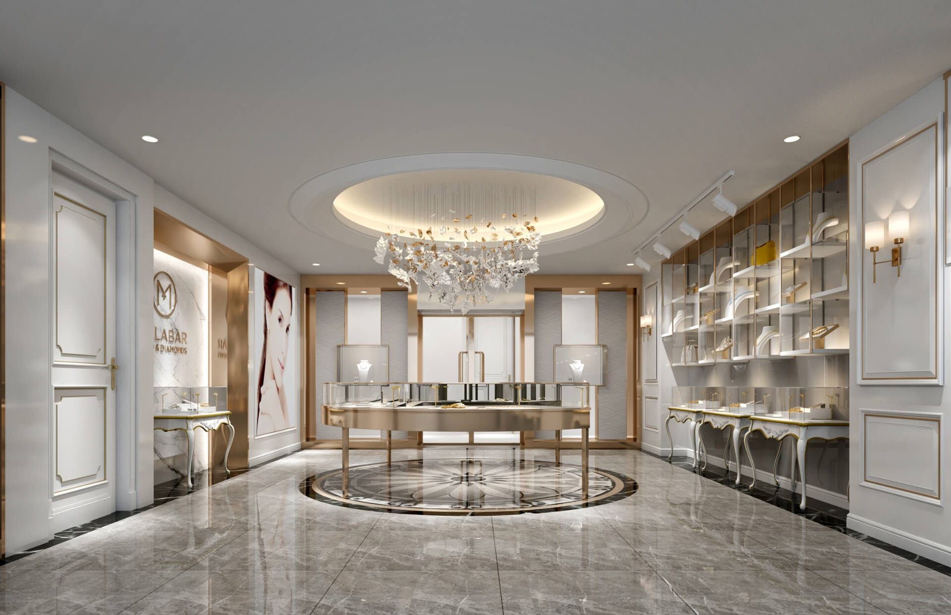 Modern and sleek jewelry store interior with precision-crafted fit-out and lighting